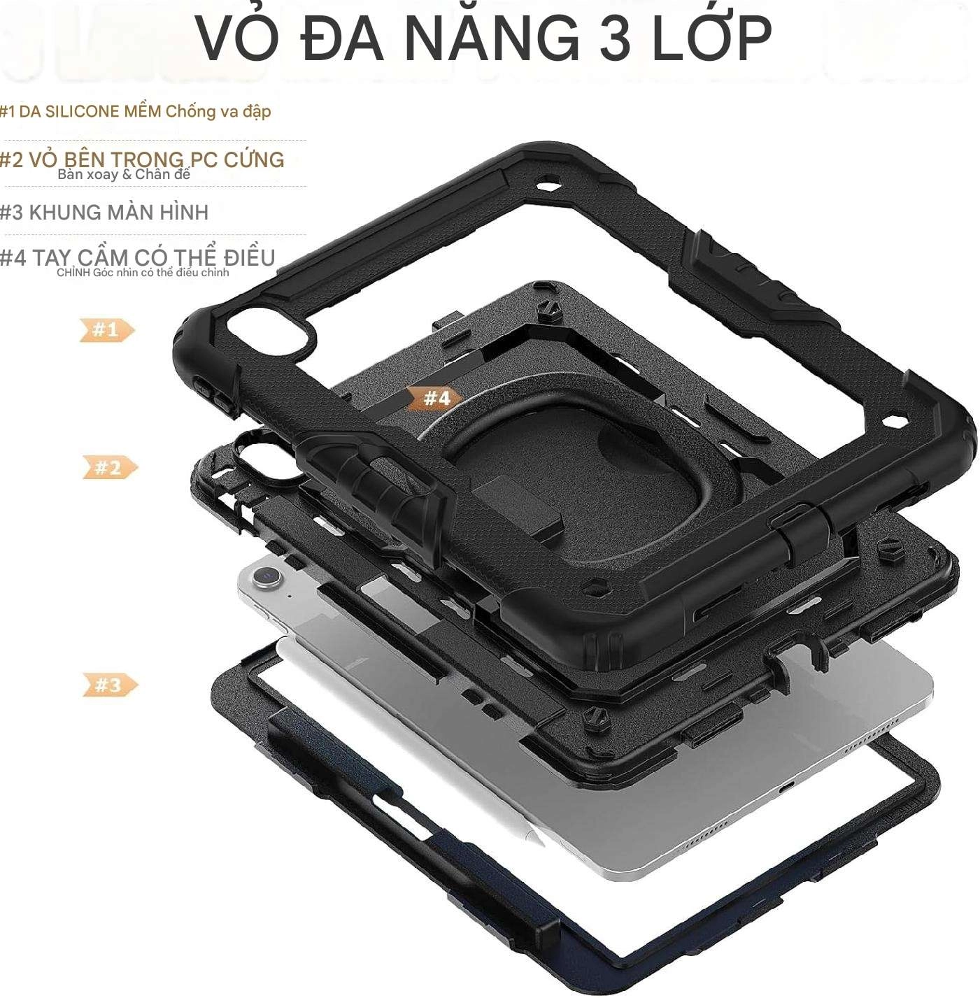 Ốp lưng chống sốc iPad Air 11 inch 2024 (3 lớp bảo vệ siêu bền, tay cầm xoay 360 độ)